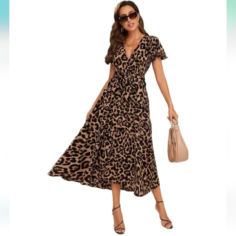🐆SHEIN Classy Leopard Print Butterfly Sleeve Belted Ruffle Hem Dress Size M
